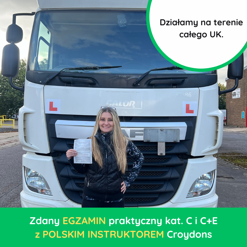 Kursantka Croydons z certyfikatem po zdanym egzaminie C i C+E przed ciężarówką